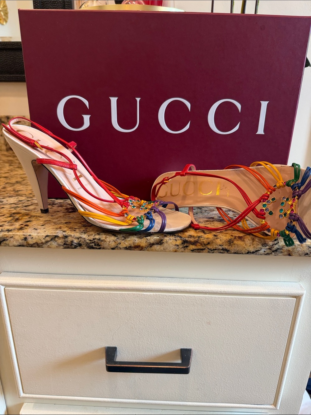 Gucci Multicolor Rainbow Strappy Jeweled Mid-Heel Sandals